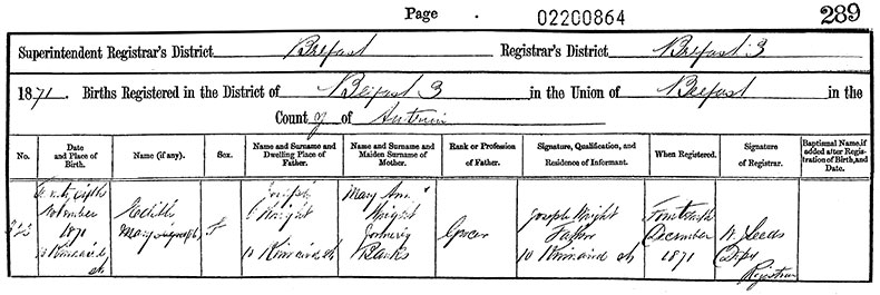 Birth Certificate of Edith Mary Wright - 26 November 1871