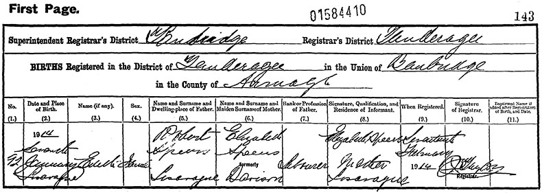 Birth Certificate of Edith Speers - 7 January 1914