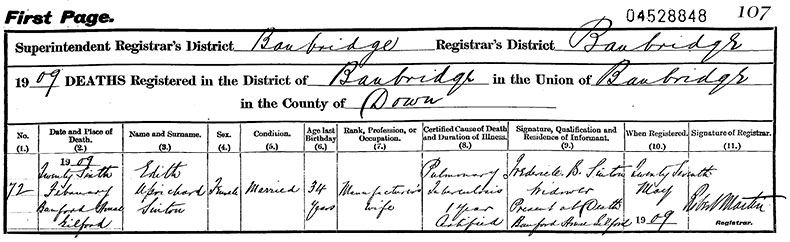 Death Certificate of Edith Uprichard Sinton (née Woods) - 26 February 1909
