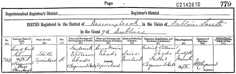 Birth Certificate of Edith Uprichard Woods - 21 February 1875