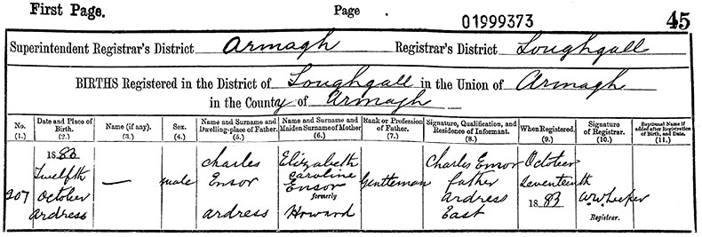 Birth Certificate of Edward Ensor - 12 October 1883