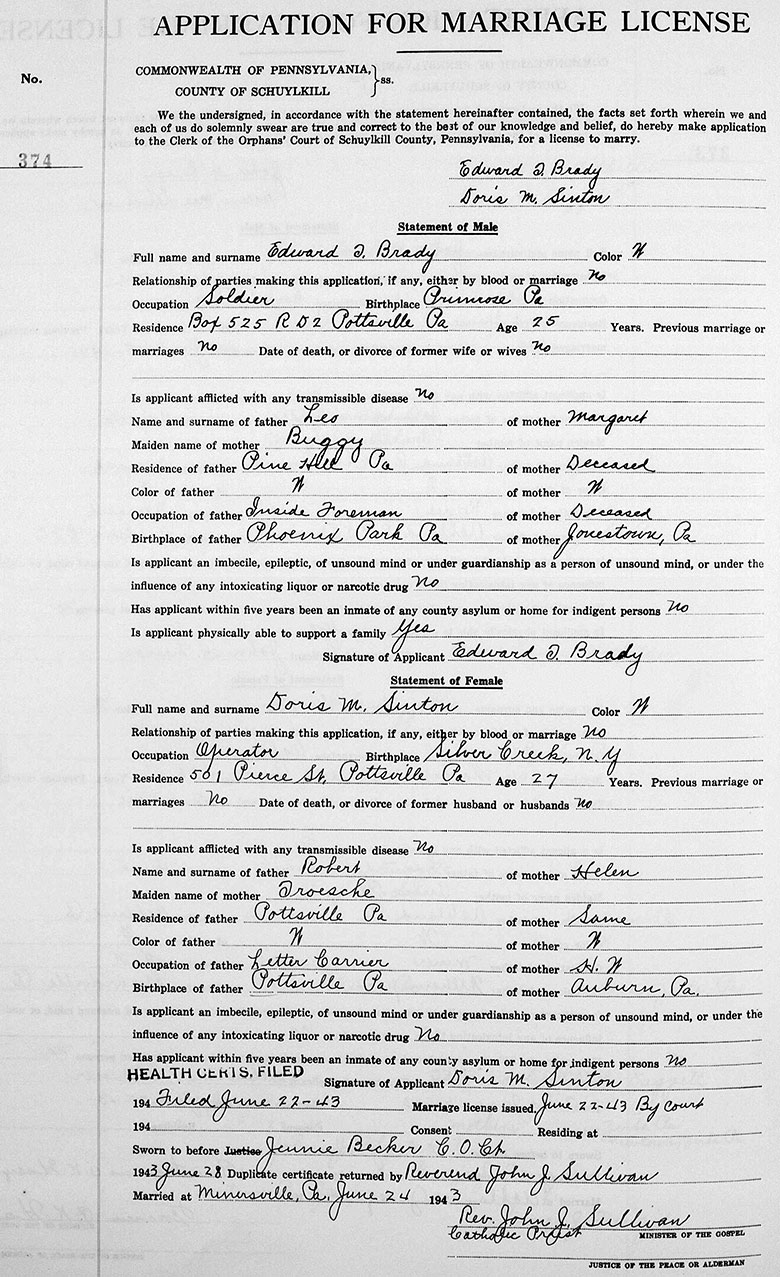 Marriage Registration of Edward Thomas Brady and Doris M. Sinton - 23 June 1943
