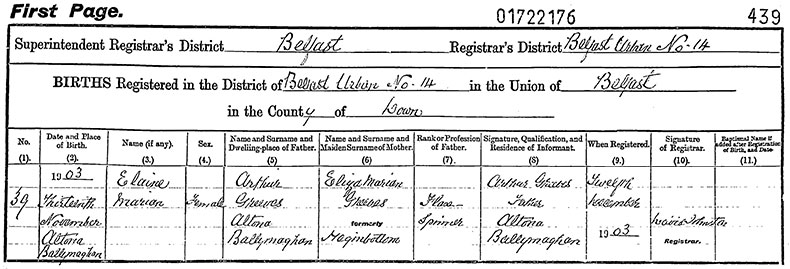 Birth Certificate of Elaine Marian Greeves - 13 November 1903
