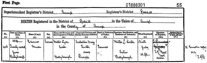 Birth Certificate of Eleanor Maida Sinton - 22 June 1891