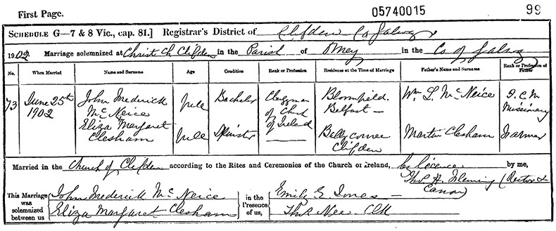 Marriage Certificate of John Frederick McNeice and Elizabeth Margaret Clesham - 25 June 1902