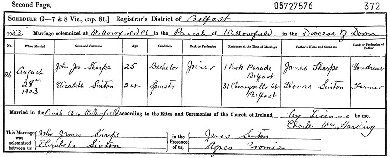 Marriage Certificate of John James Sharpe and Elizabeth Sinton - 28 August 1903