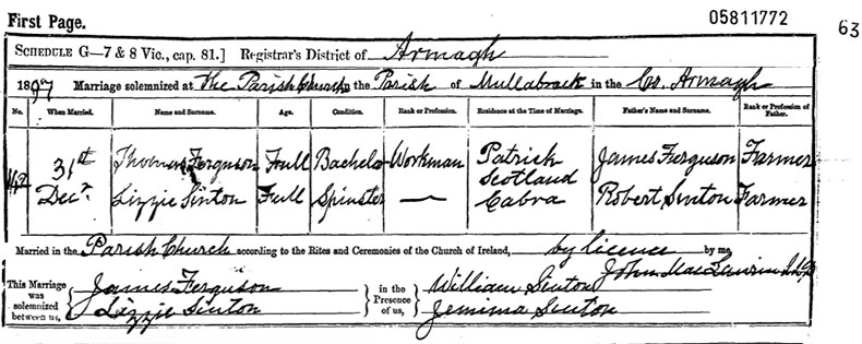 Marriage Certificate of Thomas Ferguson and Elizabeth Sinton - 31 December 1897