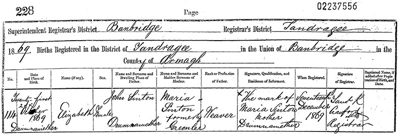 Birth Certificate of Elizabeth Sinton, Drumnamether, Tandragee - 21 October 1869