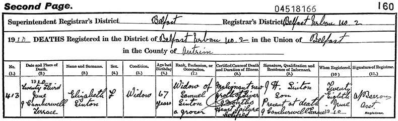 Death Certificate of Elizabeth Sinton (née Wright) - 23 June 1910