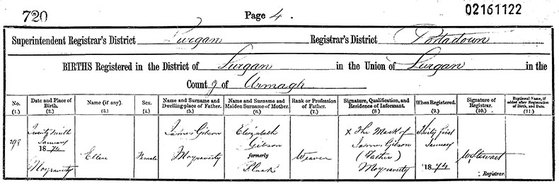 Birth Certificate of Ellen Gibson - 5 June 1874