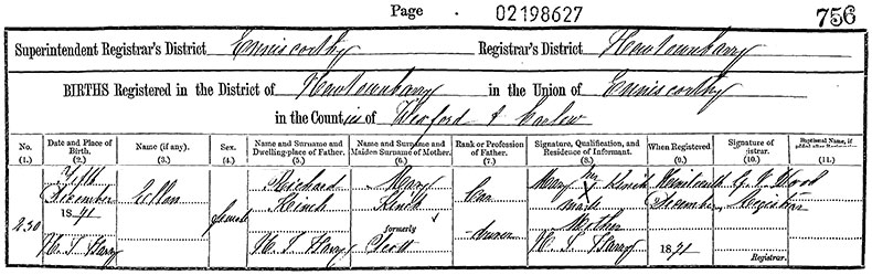 Birth Certificate of Ellen Kinch - 5 December 1871