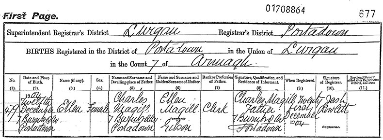 Birth Certificate of Ellen Magill - 12 December 1904