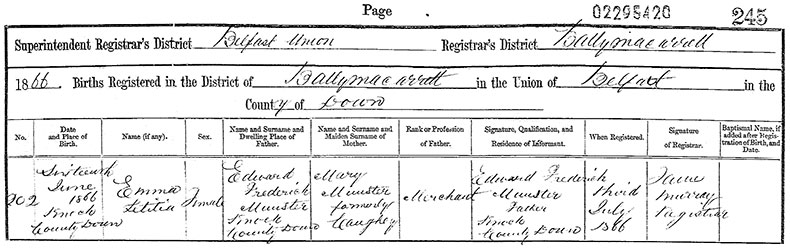 Birth Certificate of Emma Letitia Munster - 16 June 1866