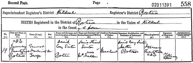 Birth Certificate of Ernest Frederick George Sinton - 25 January 1883