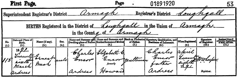 Birth Certificate of Ernest Nash Ensor - 26 March 1891
