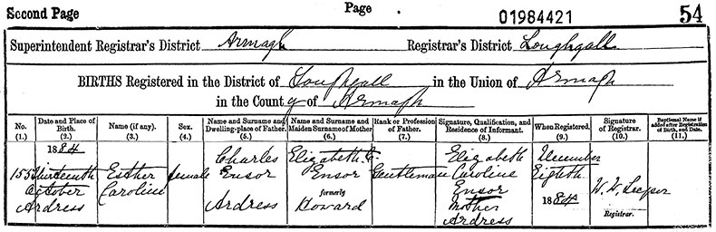 Birth Certificate of Esther Caroline Ensor - 13 October 1884