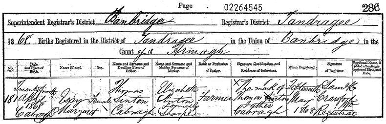 Birth Certificate of Esther Margaret Sinton - 24 March 1868