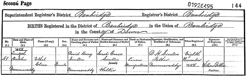 Birth Certificate of Ethel Clare Sinton - 12 October 1888