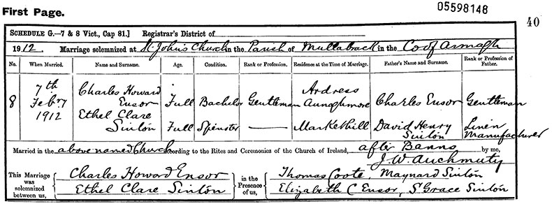 Marriage Certificate of Charles Howard Ensor and Ethel Clare Sinton - 7 February 1912