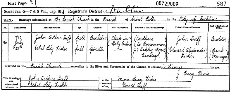 Marriage Certificate of John Arthur Duff and Ethel Lily Fisher - 20 July 1903