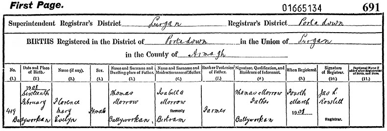 Birth Certificate of Florence Mary Evelyn Morrow - 16 February 1908