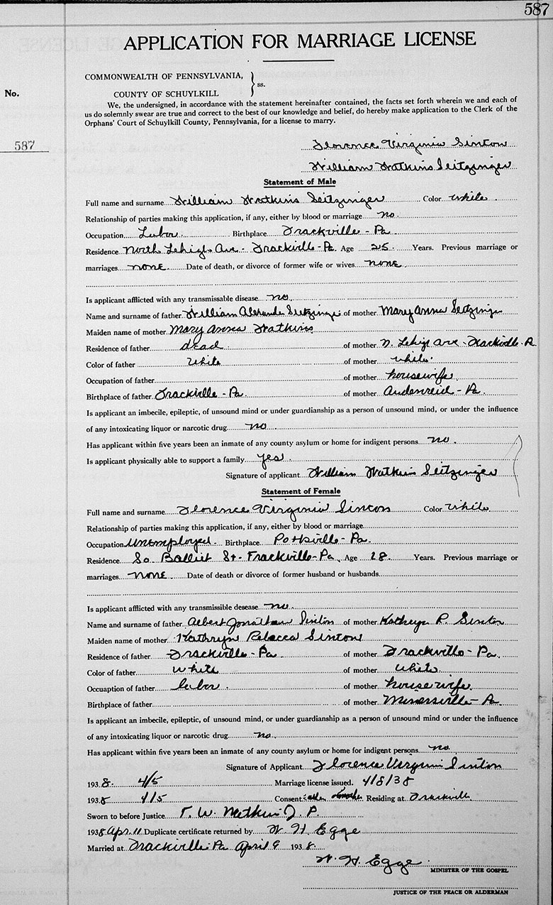 Marriage Certificate for William Watkins Seitzinger and Florence Virginia Sinton - 9 April 1938