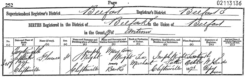 Birth Certificate of Florence Wright - 28 September 1876