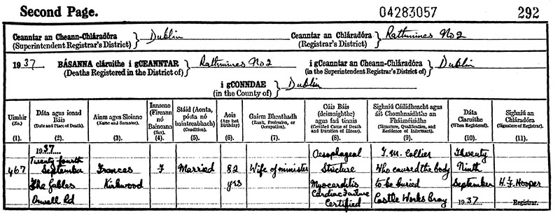 Death Certificate of Frances Kirkwood (née Hill) - 24 September 1937
