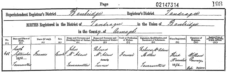 Birth Certificate of Frances McAdam - 6 September 1874