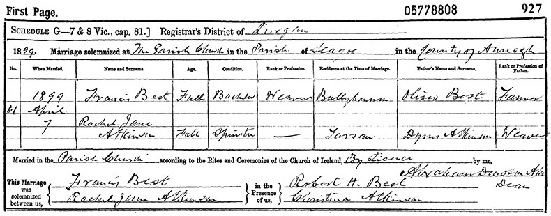 Marriage Certificate of Francis Best and Rachel Jane Atkinson - 7 April 1899