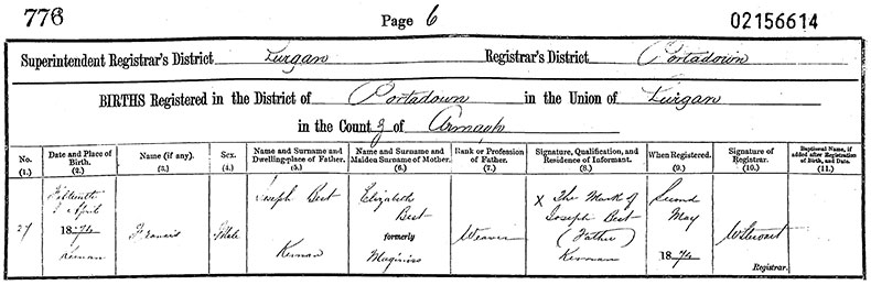 Birth Certificate of Francis Best - 15 April 1874