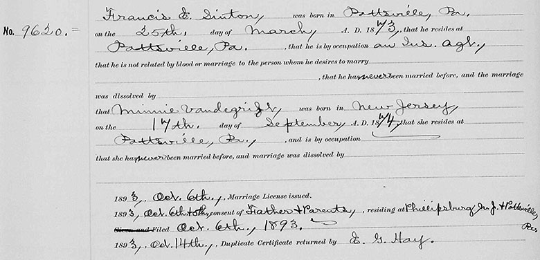 Marriage Certificate for Francis Edward Sinton and Minnie Lisk Vandergrift
