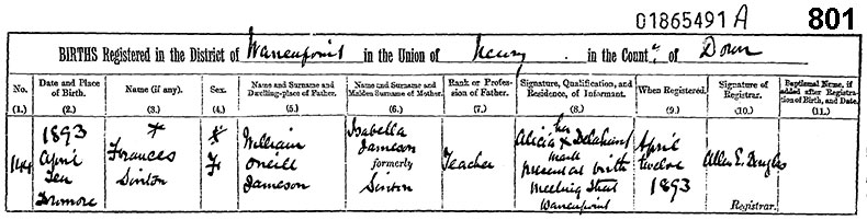Birth Certificate of Francis Malley Sinton Jameson - 10 April 1893