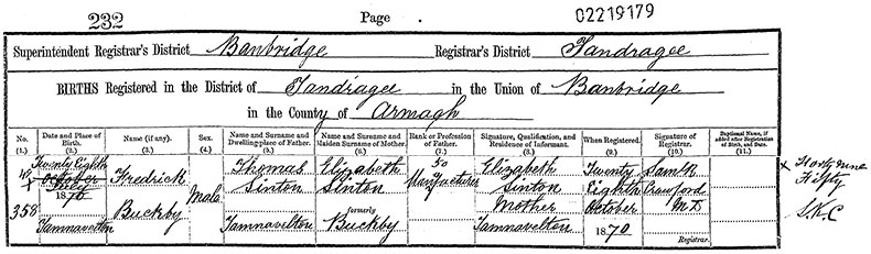 Birth Certificate of Frederick Buckby Sinton - 27 July 1870