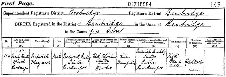 Birth Certificate of Frederick Maynard Sinton - 29 March 1904
