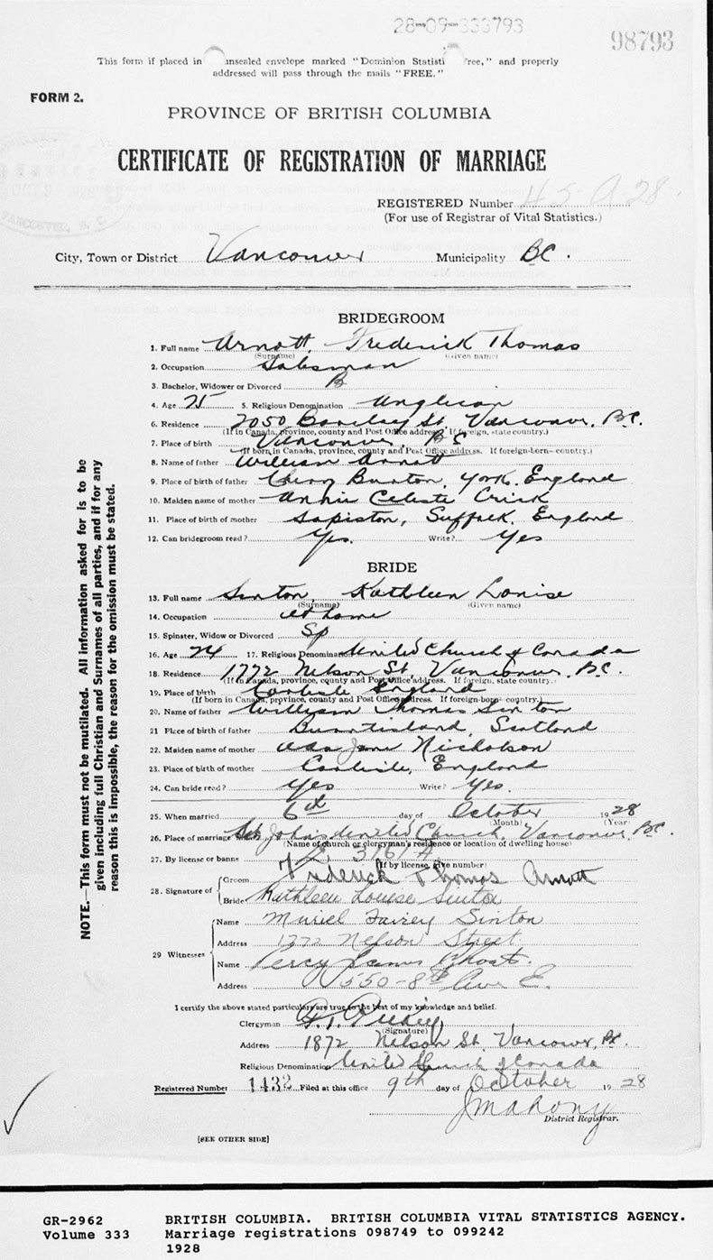 Marriage Certificate of Frederick Thomas Arnott and Kathleen Louise Sinton - 6 October 1928