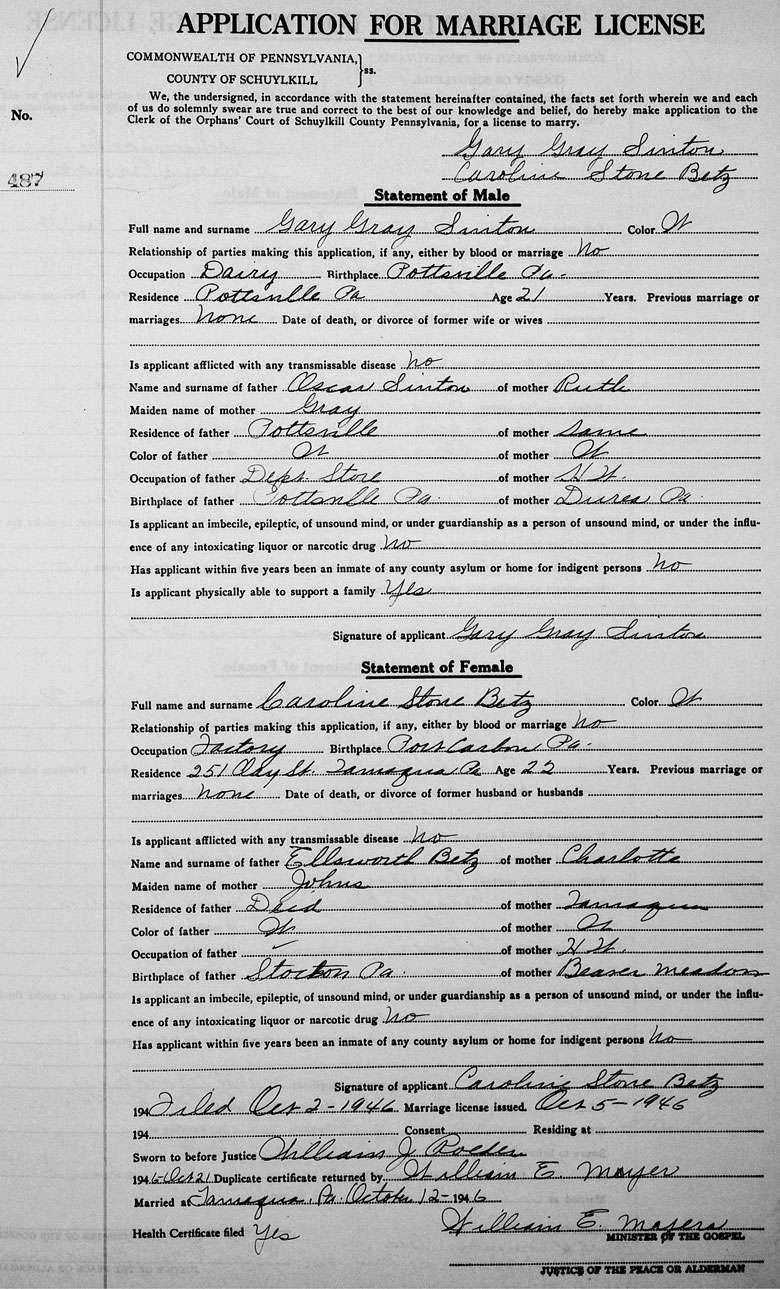 Marriage License of Gary Gray Sinton and Caroline Stone Betz