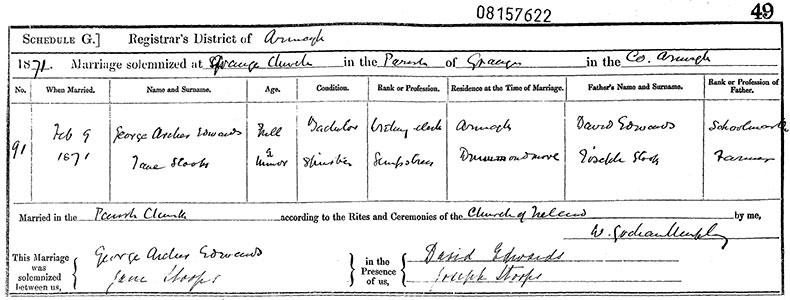 Marriage Certificate of George Archer Edwards and Jane Stoops - 9 February 1871
