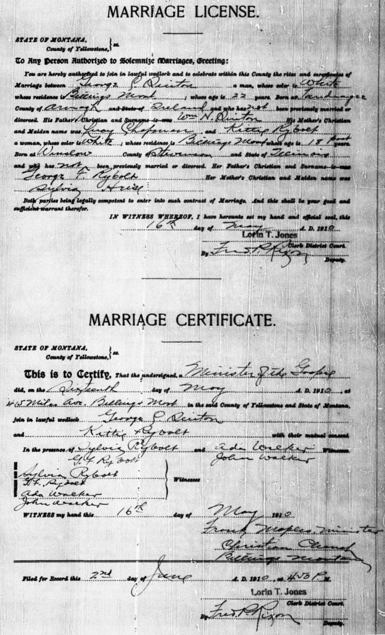 Marriage License and Certificate of George Chapman Sinton and Kittie Rybolt