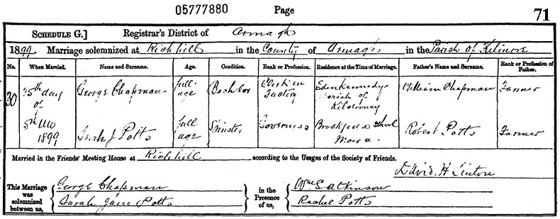Marriage Certificate of George Cowan Chapman and Sara Jane Potts - 25 May 1899