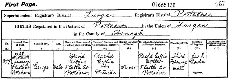 Birth Certificate of George Giffin - 13 January 1908
