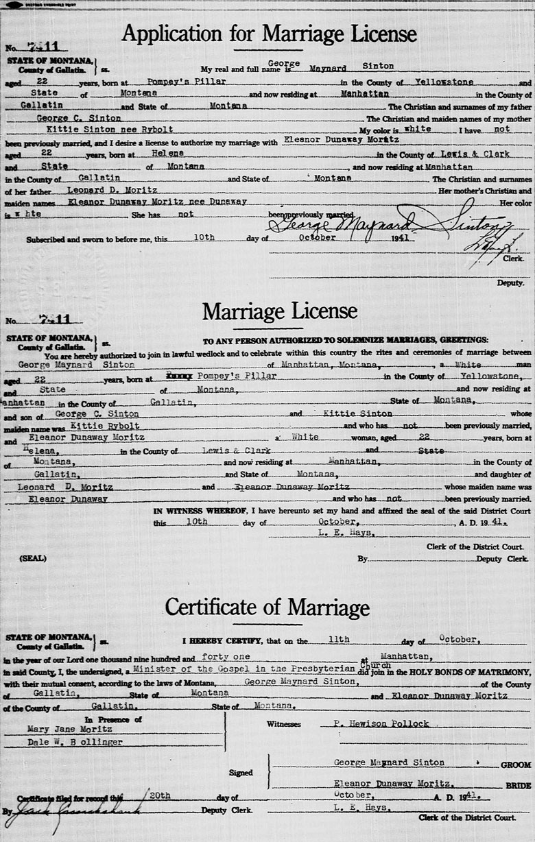 Marriage License and Certificate of George Maynard Sinton and Eleanor Dunaway Moritz