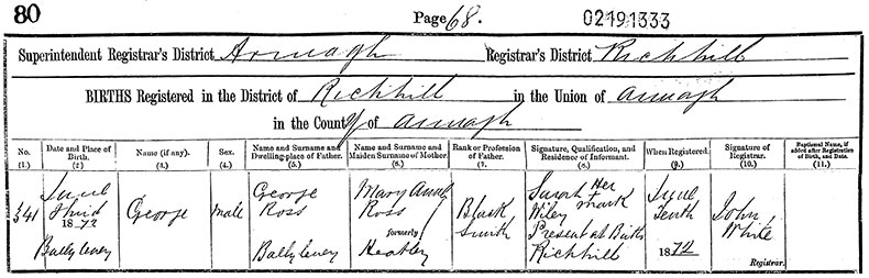 Birth Certificate of George Ross - 3 June 1872