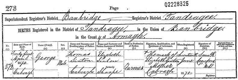 Birth Certificate of George Sinton - 21 April 1870