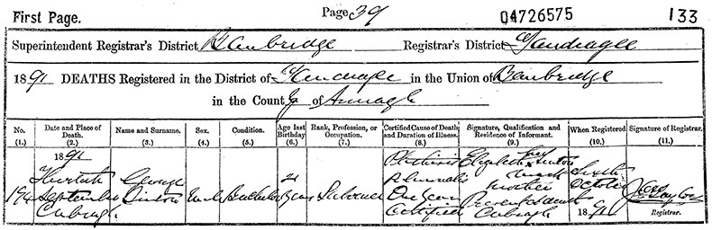 Death Certificate of George Sinton - 30 September 1891