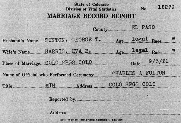 Marriage record for George Taylor Sinton and Eva Belle Harris on 3 September 1921