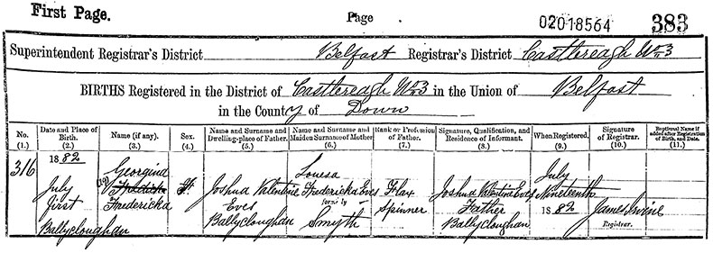 Birth Certificate of Georgina Fredericka Eves - 1 July 1882