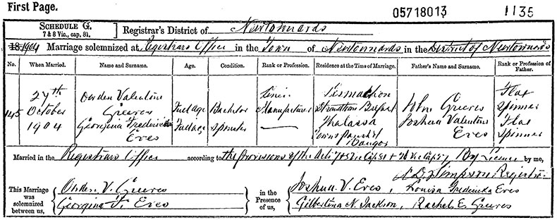 Marriage Certificate of Owden Valentine Greeves and Georgina Fredericka Eves - 27 October 1904