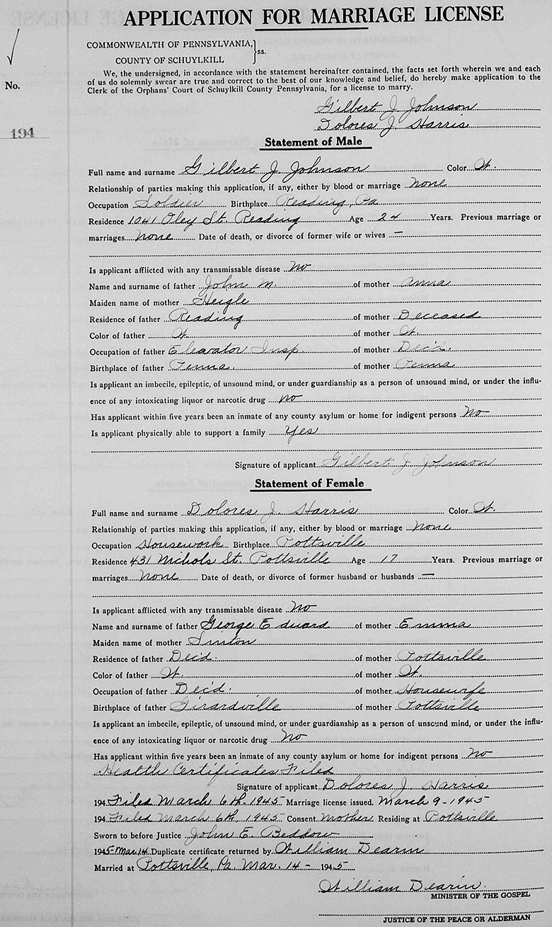 Marriage certificate of Gilbert J. Johnson and Delores J. Harris