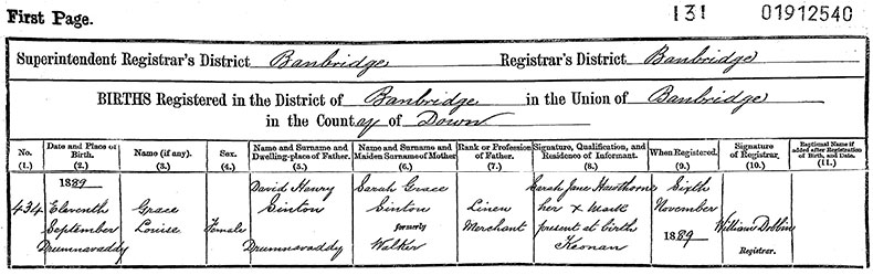 Birth Certificate of Grace Louise Sinton - 11 September 1889